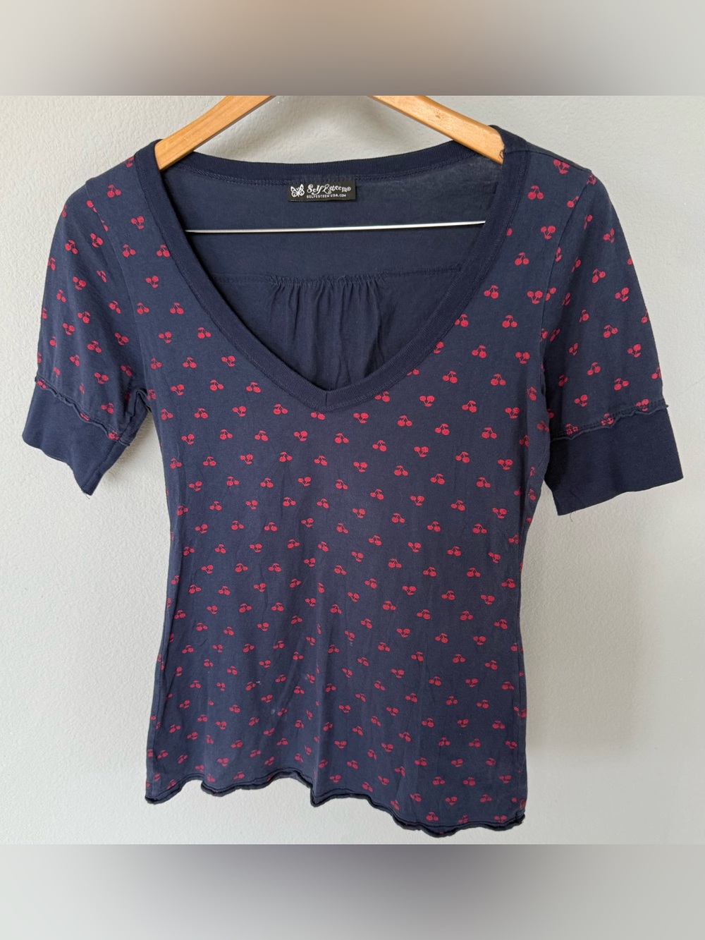 Y2K Self Esteem Women's Blue Red Cherry V‑Neck Short Sleeve Knit T‑Shirt L